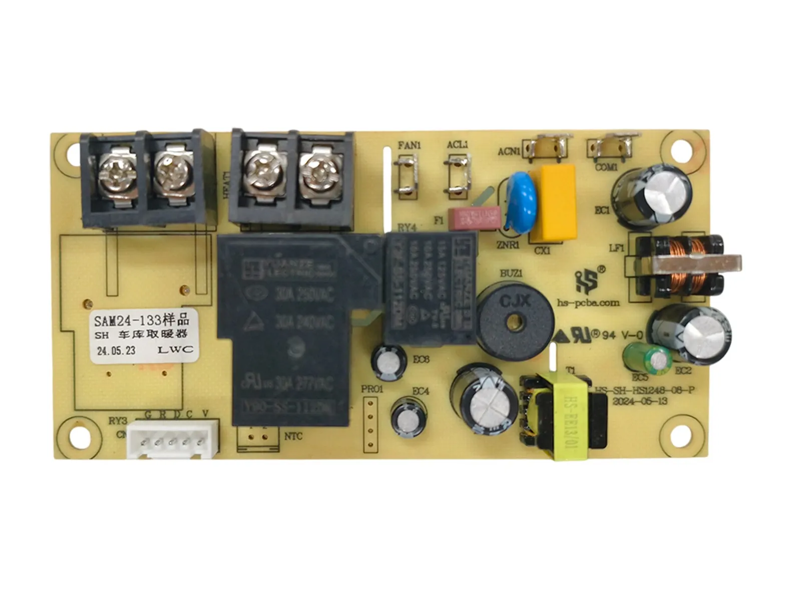 Garage heater PCBA control board with 30A relay, fan and heat terminals