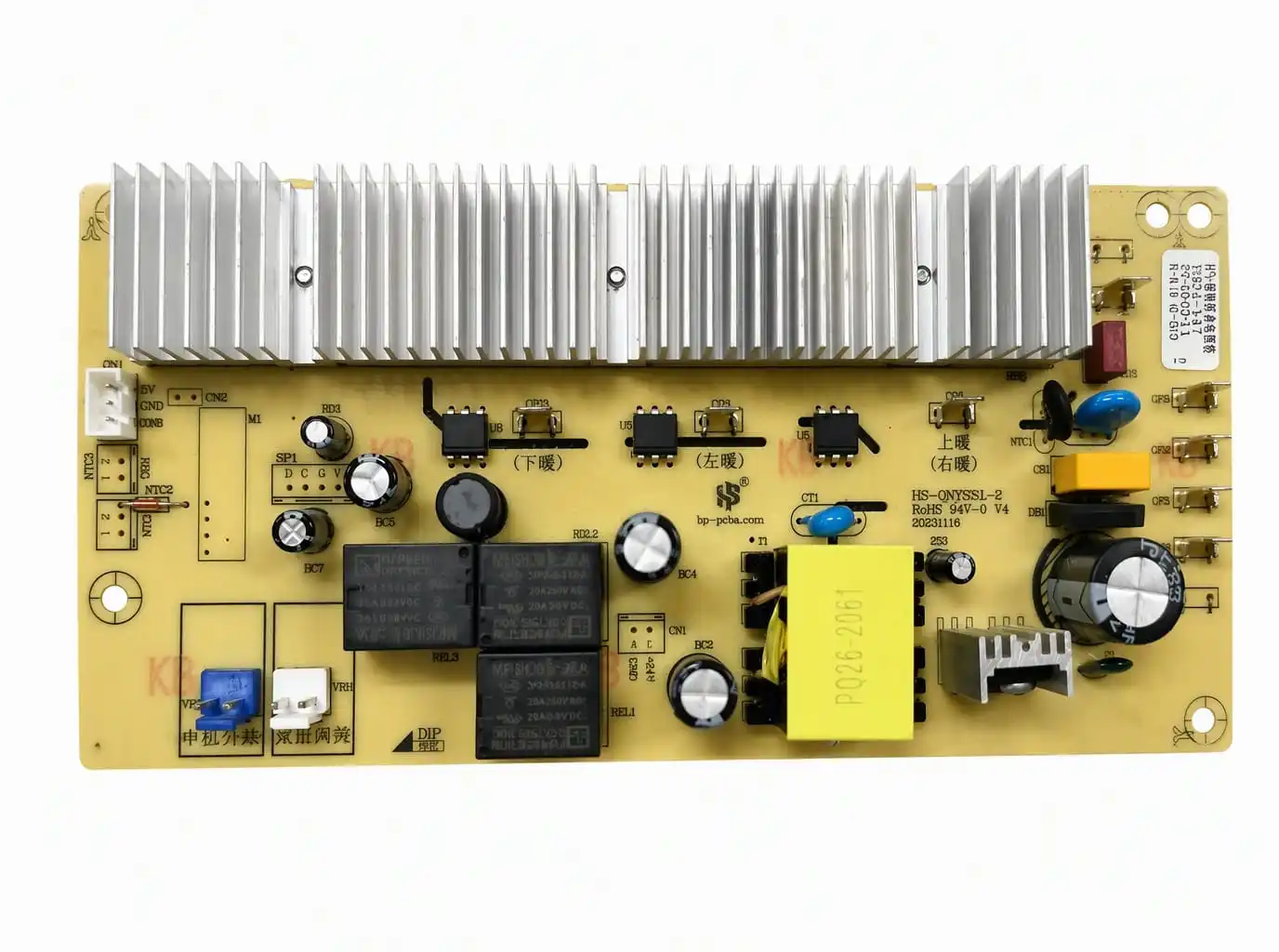 Heating table PCBA control board with three-zone heating relays and heatsink