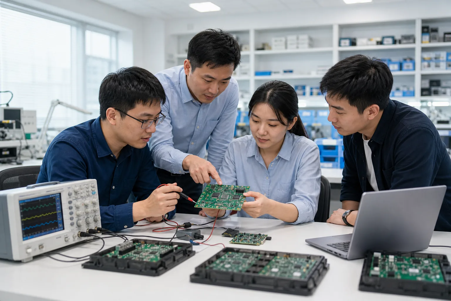 HUISHINE R&D engineering team reviewing a printed circuit board in the lab