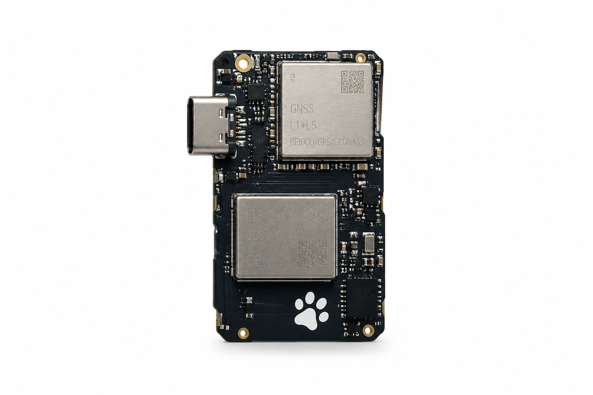 Compact GNSS smart pet tracker IoT control motherboard PCBA with Type-C port and paw print mark