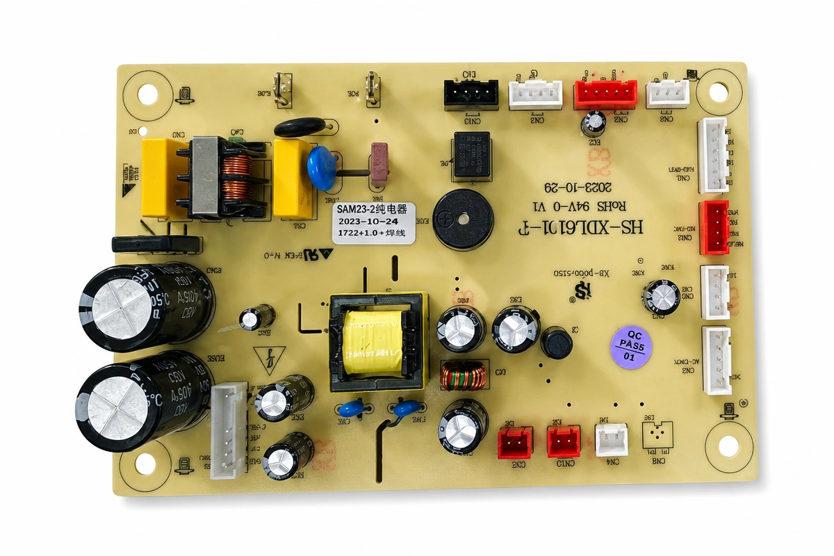Yellow air purifier control board with touch, PM2.5 and TVOC sensor connectors and five-speed fan section