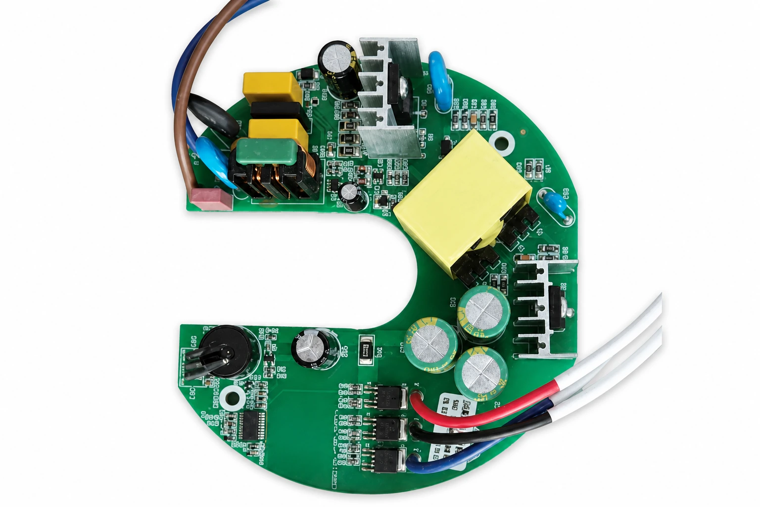 C-shaped circular BLDC motor inverter driver controller board PCBA for smart ceiling fans with aluminum heat sinks and power transformer on pure white background