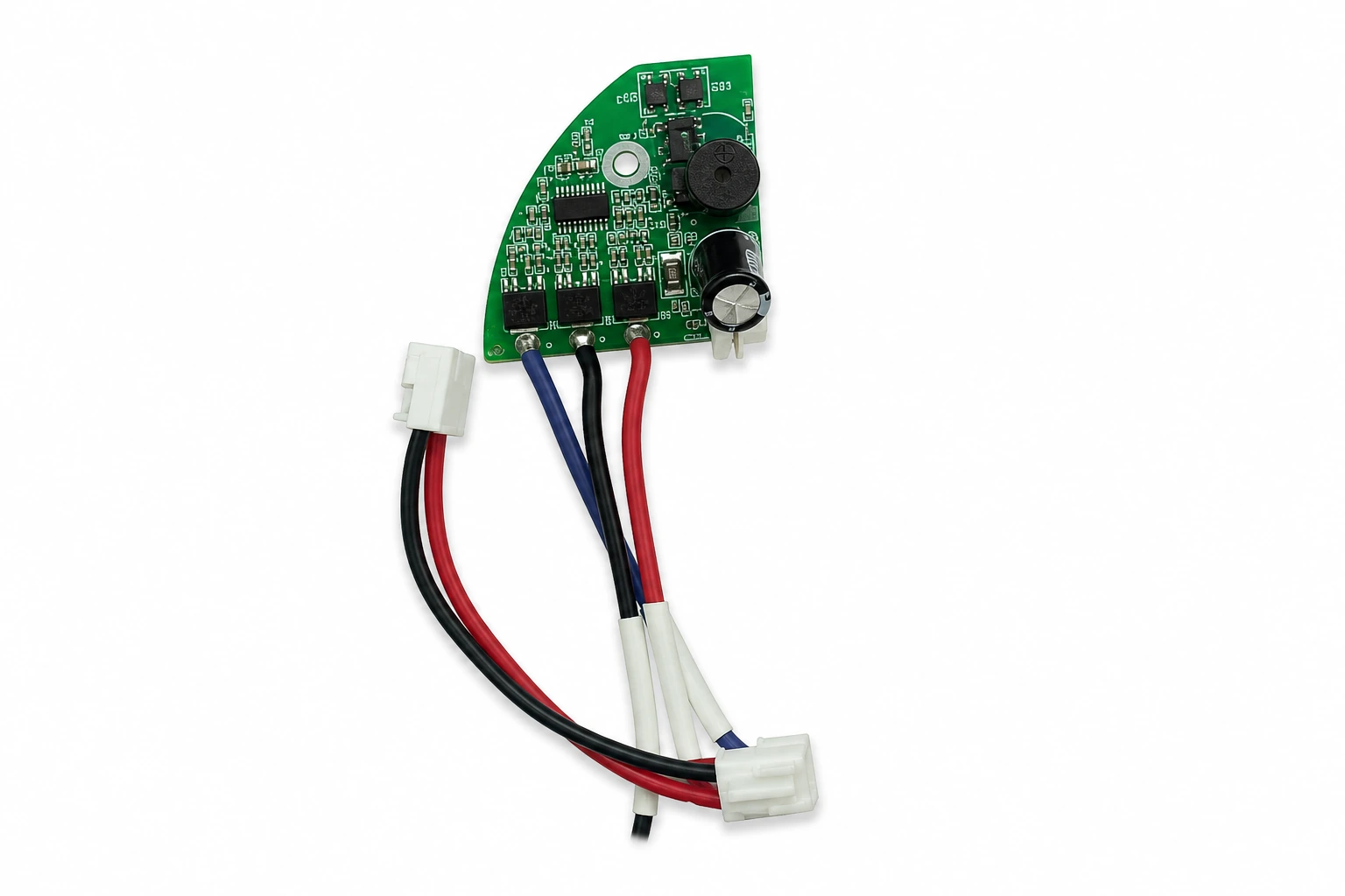 Fan-shaped BLDC ceiling fan inverter driver and wireless receiver sub-board PCBA with motor lead wires on pure white background