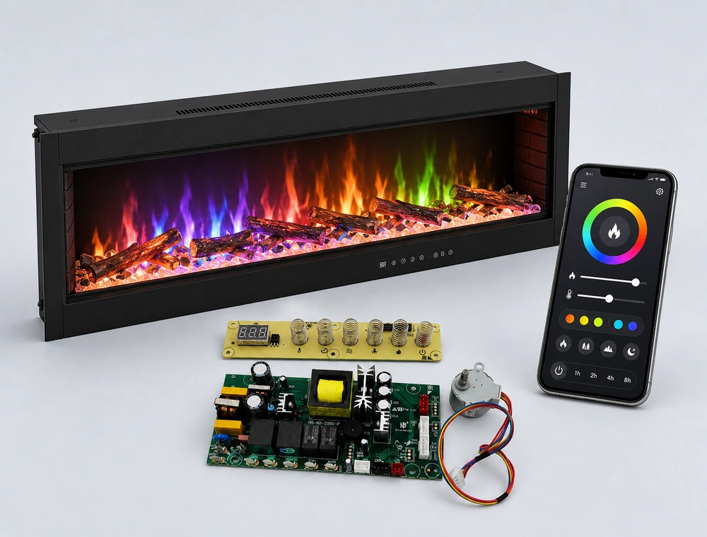 Connected smart electric fireplace with wireless electronic control PCBA and mobile App interface