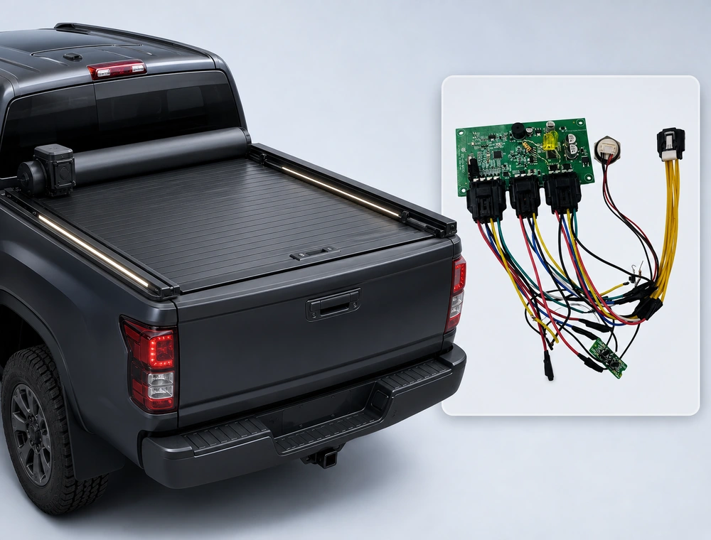 Electric retractable truck bed tonneau cover with motor control PCBA