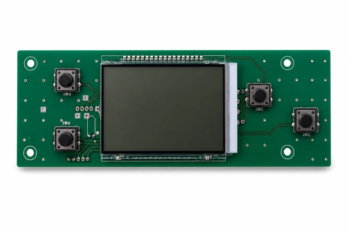 Monochrome LCD display screen and 4-key tactile button keypad interface PCBA