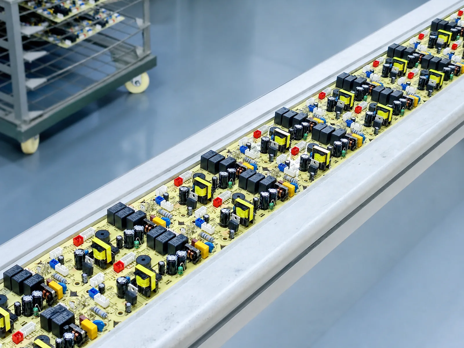 High-volume line carrying finished PCBA boards in trays