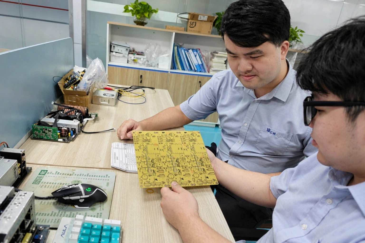 Engineers reviewing a bare PCB during specification and DFM check