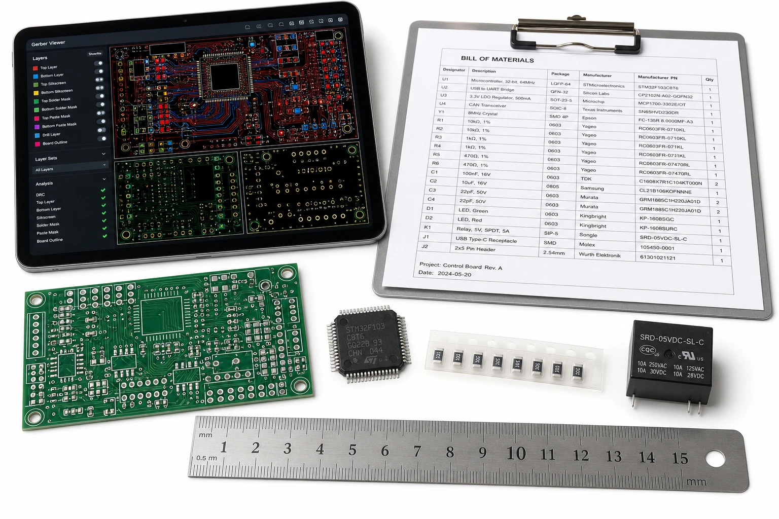Gerber file viewer, bill of materials, bare PCB and components laid out for review