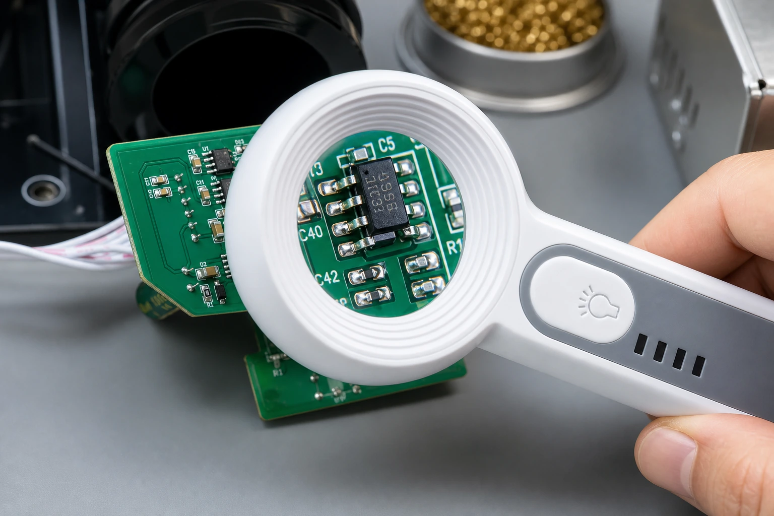 Manual optical inspection of a PCB with a magnifying loupe