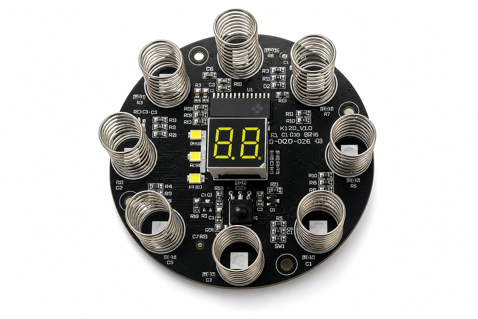 Circular black capacitive spring touch interface board PCBA with vertical touch springs and 2-digit digital LED PM2.5 display for smart air purifiers on white background