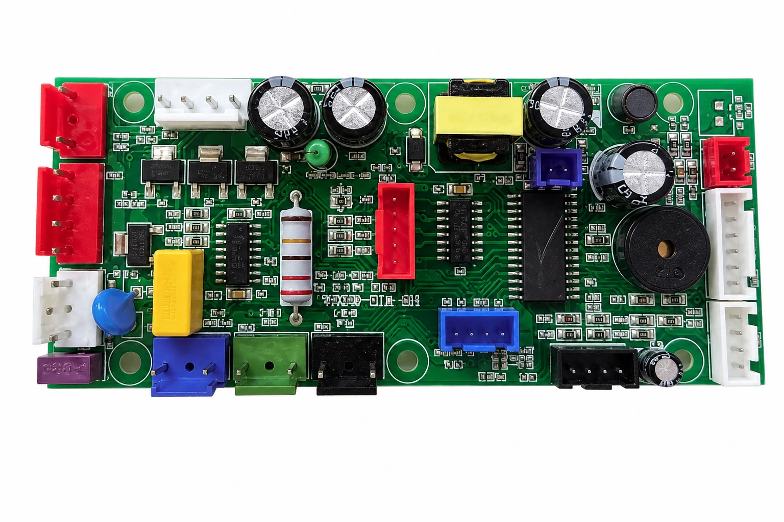 Main power supply and multi-channel brushless fan motor driver controller board PCBA for smart air purifiers with colorful terminal headers on pure white background