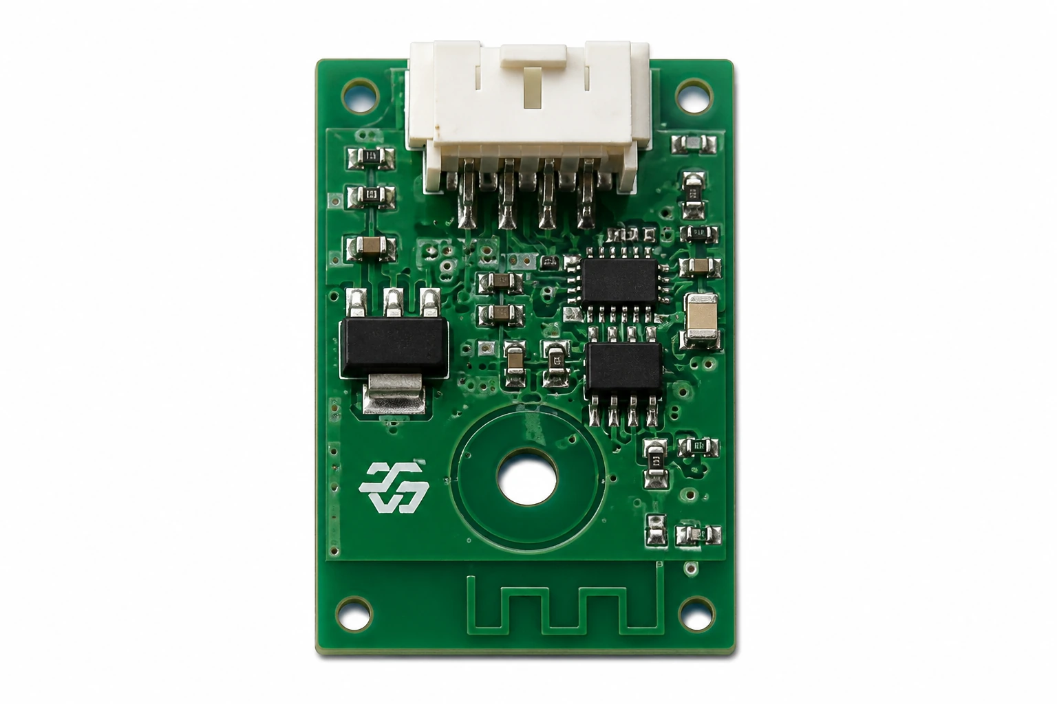 Miniature PM2.5 particulate sensor and wireless communication daughterboard PCBA for smart air purifier air quality monitoring on pure white background