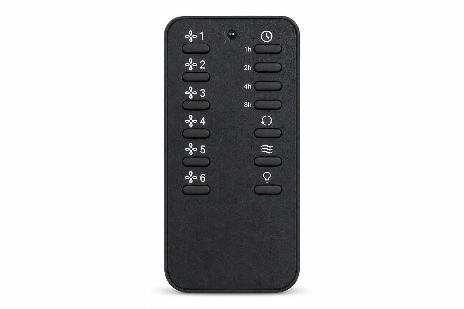 Handheld wireless infrared and RF remote controller for smart BLDC ceiling fans with speed, timer, and lighting control buttons on pure white background