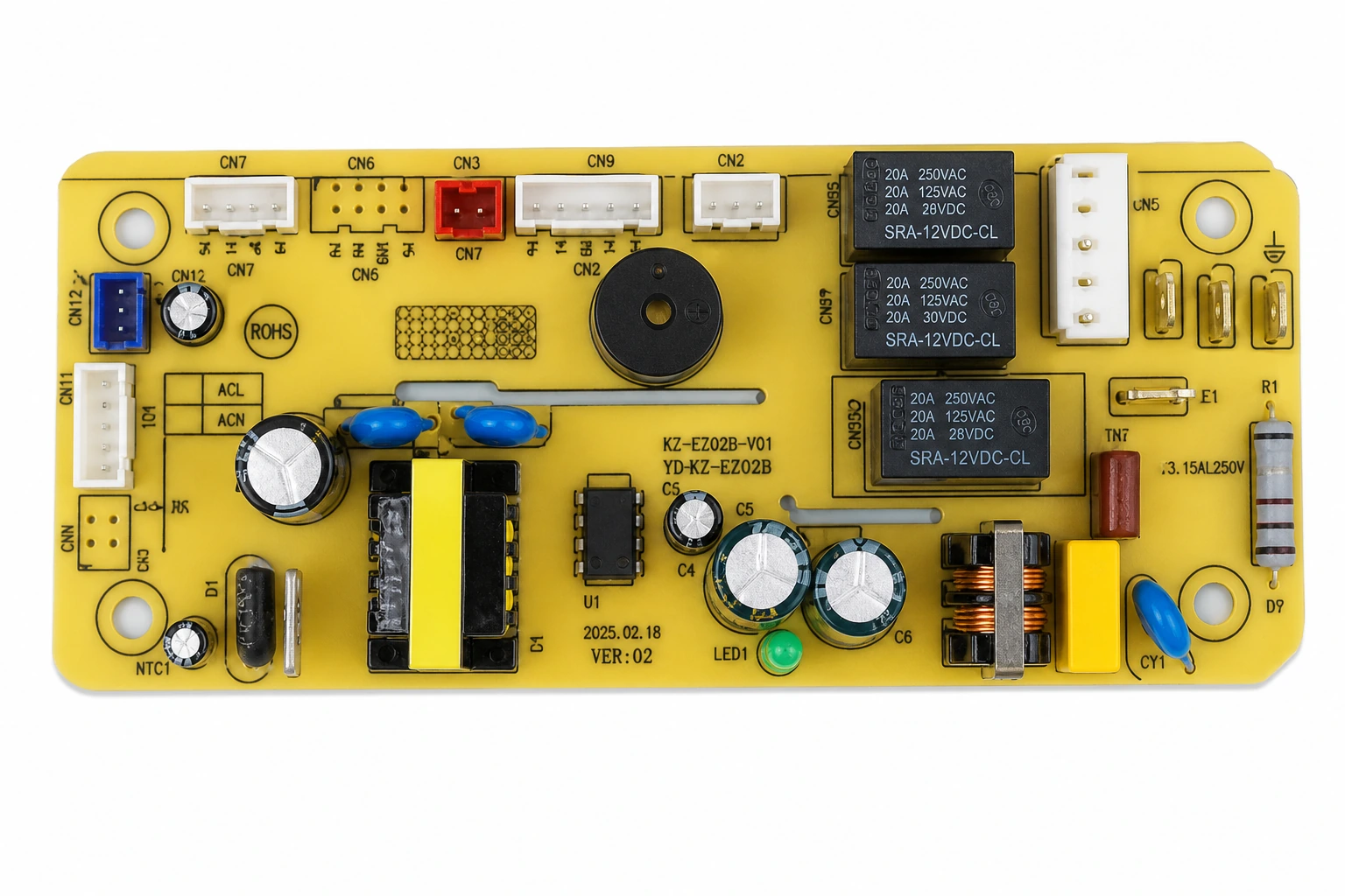 Main power supply and compressor relay driver board PCBA for smart home dehumidifiers with step-down transformer and terminal blocks on pure white background