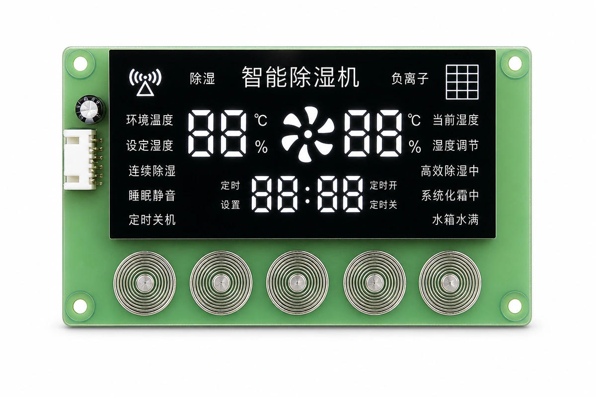 Complete smart home appliance electronic controller kit featuring circular spring touch display panel, sensor daughterboard, and main power driver PCBA on white background