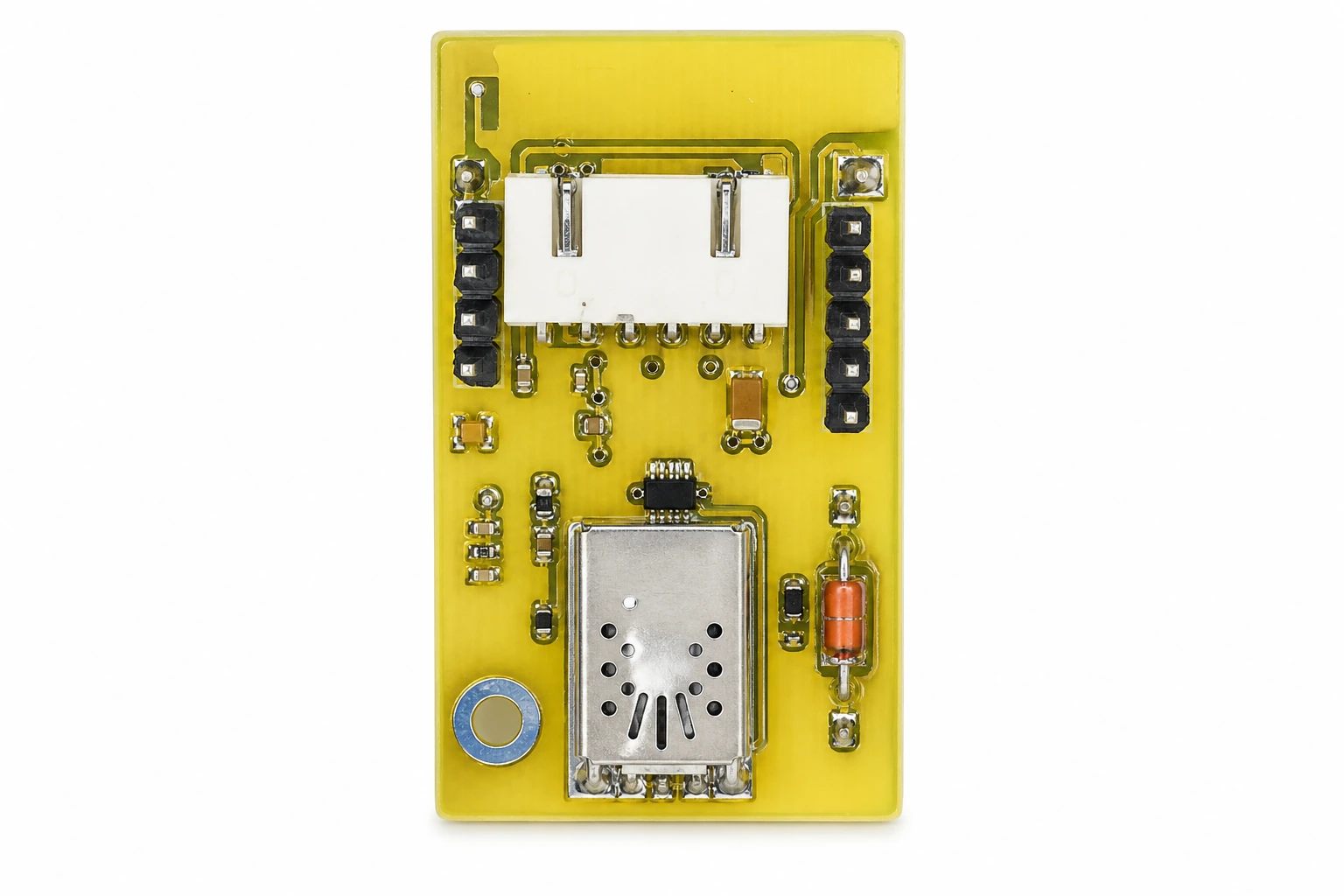Vertical humidity sensor and micro-controller daughterboard PCBA for smart dehumidifiers on pure white background