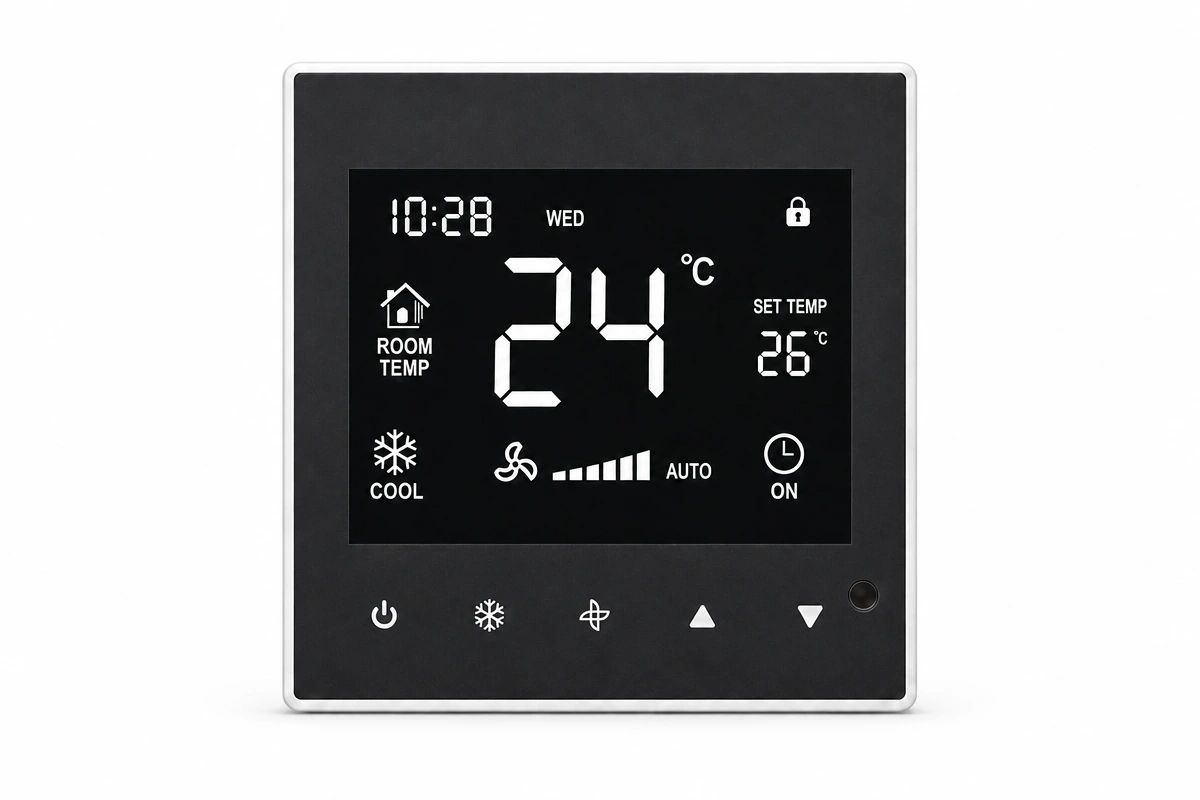 Smart touch screen room thermostat with digital LCD display and HVAC temperature controller