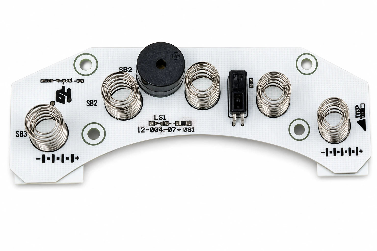 Arc-shaped curved capacitive spring touch button interface board PCBA with vertical touch springs and buzzer for smart water heated mattress pads on white background