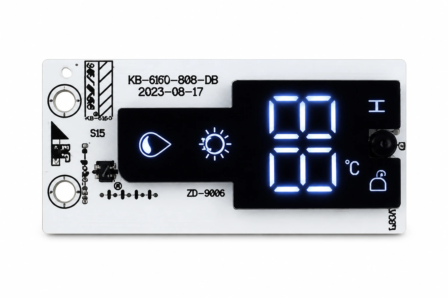 Front panel user interface PCBA board with digital water temperature LED display and water level touch icons for plumbing blankets on pure white background
