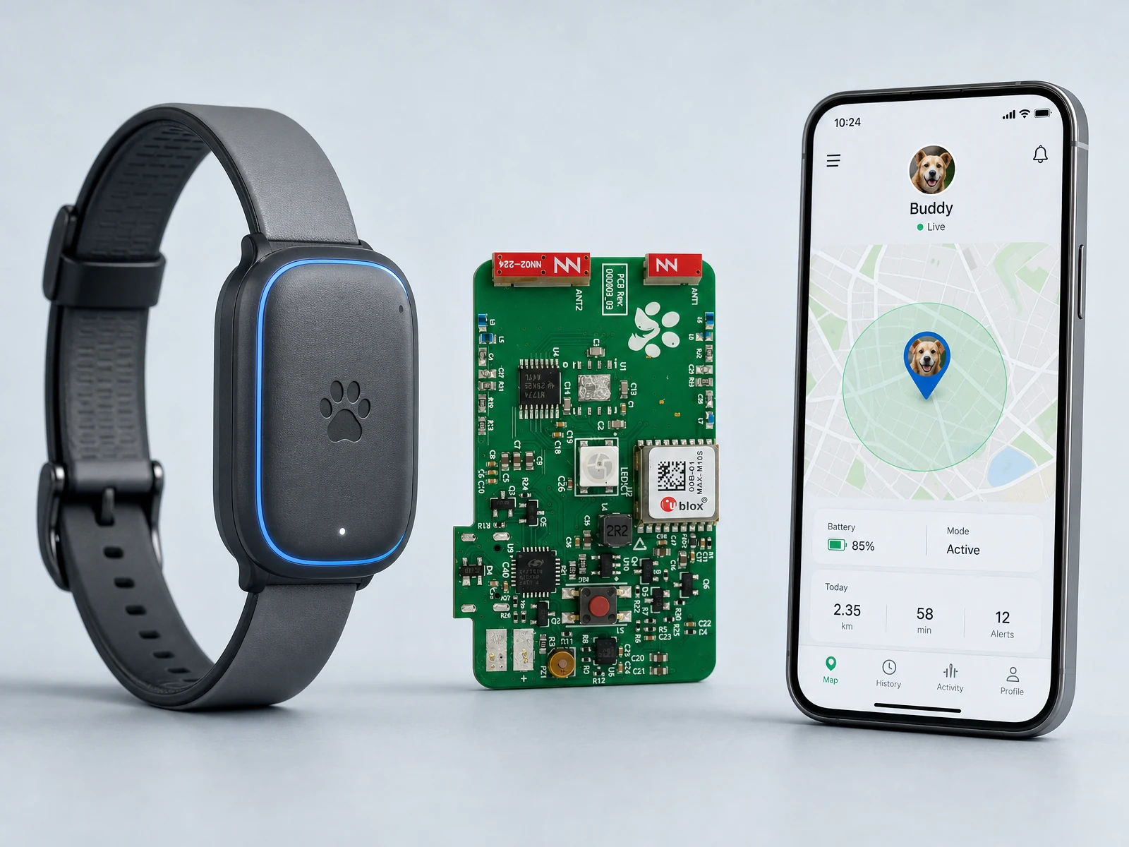Wireless connected pet tracker with IoT control PCBA and mobile App interface