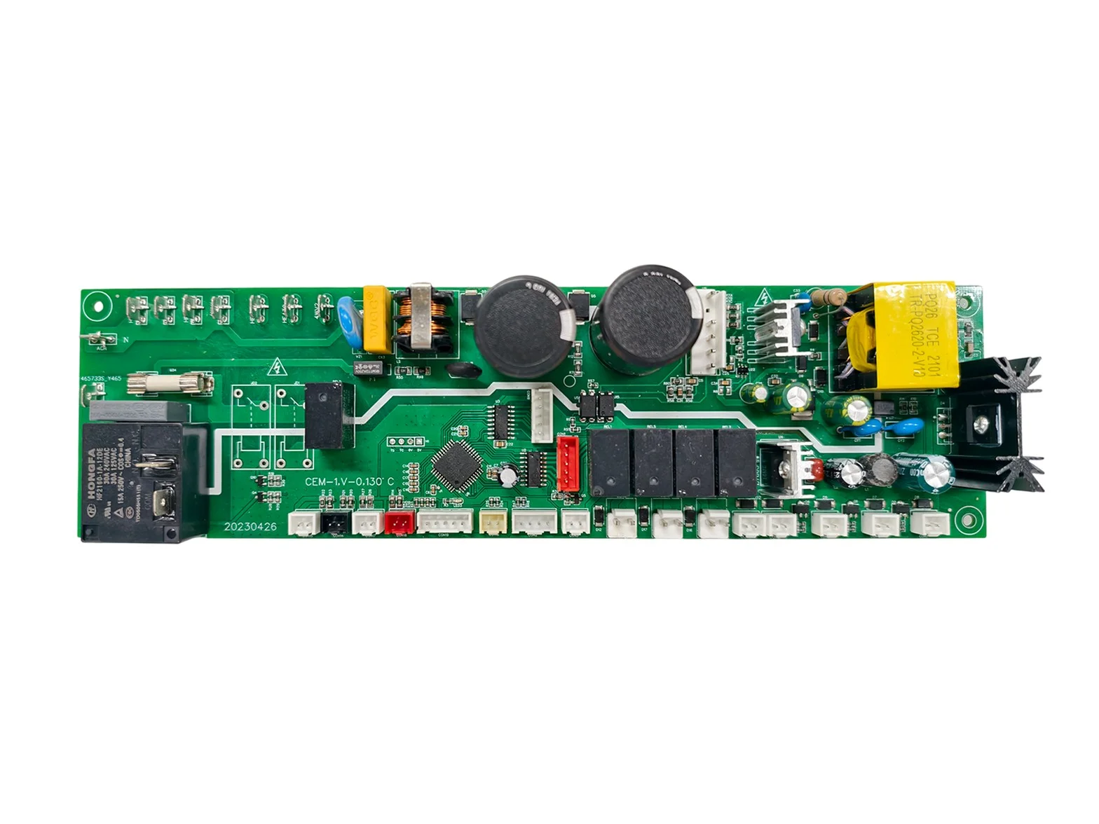 Long narrow green cooling PCBA control board with relays, MCU and connectors
