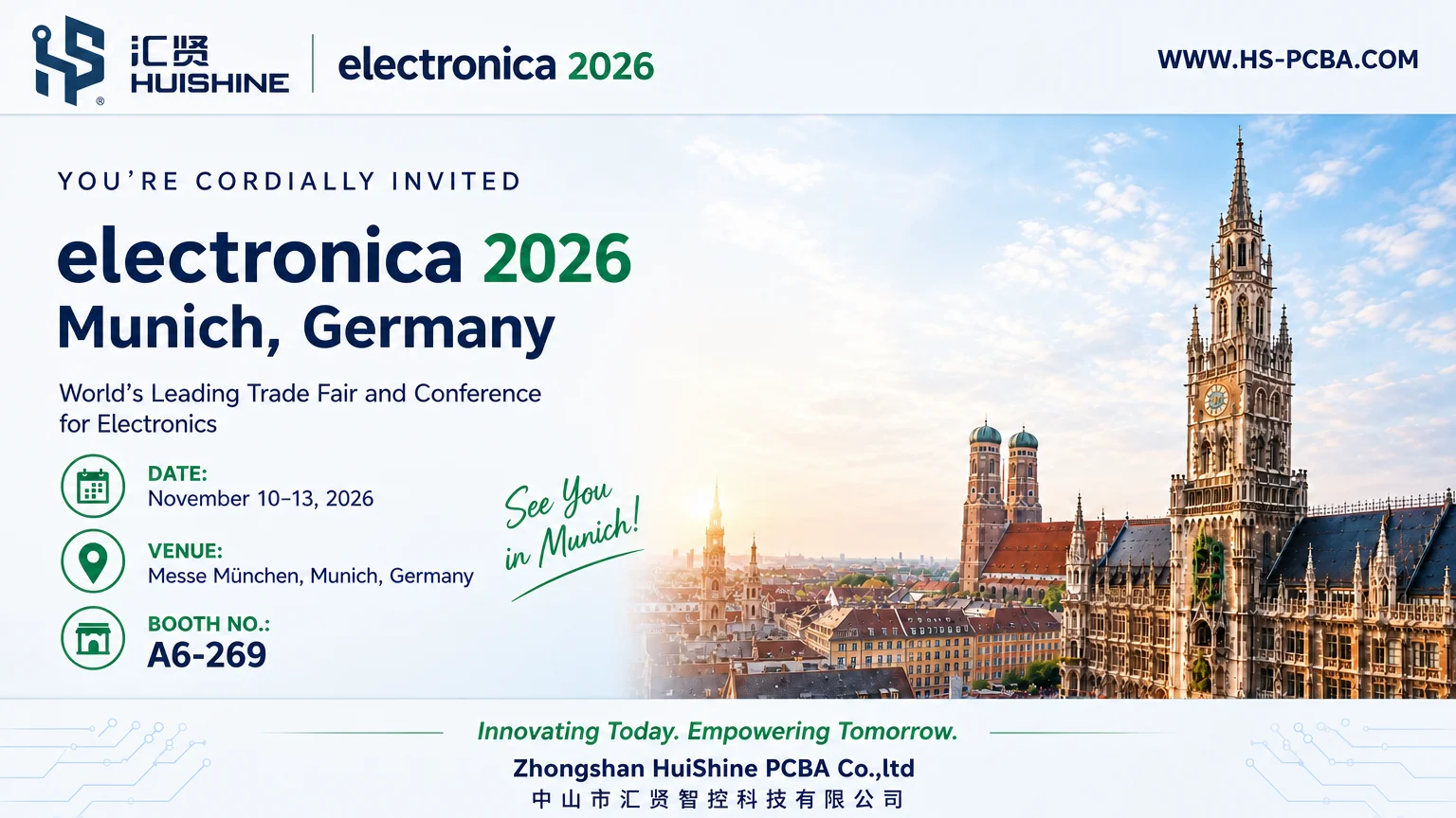electronica 2026 Munich, Nov 10–13, Messe München, Booth A6-269 — HuiShine exhibition banner