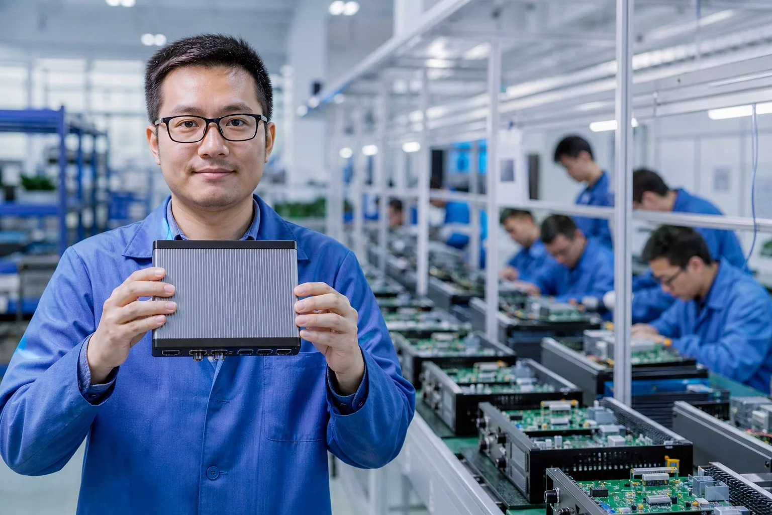 Engineer holding a prototype while the same product scales on the line