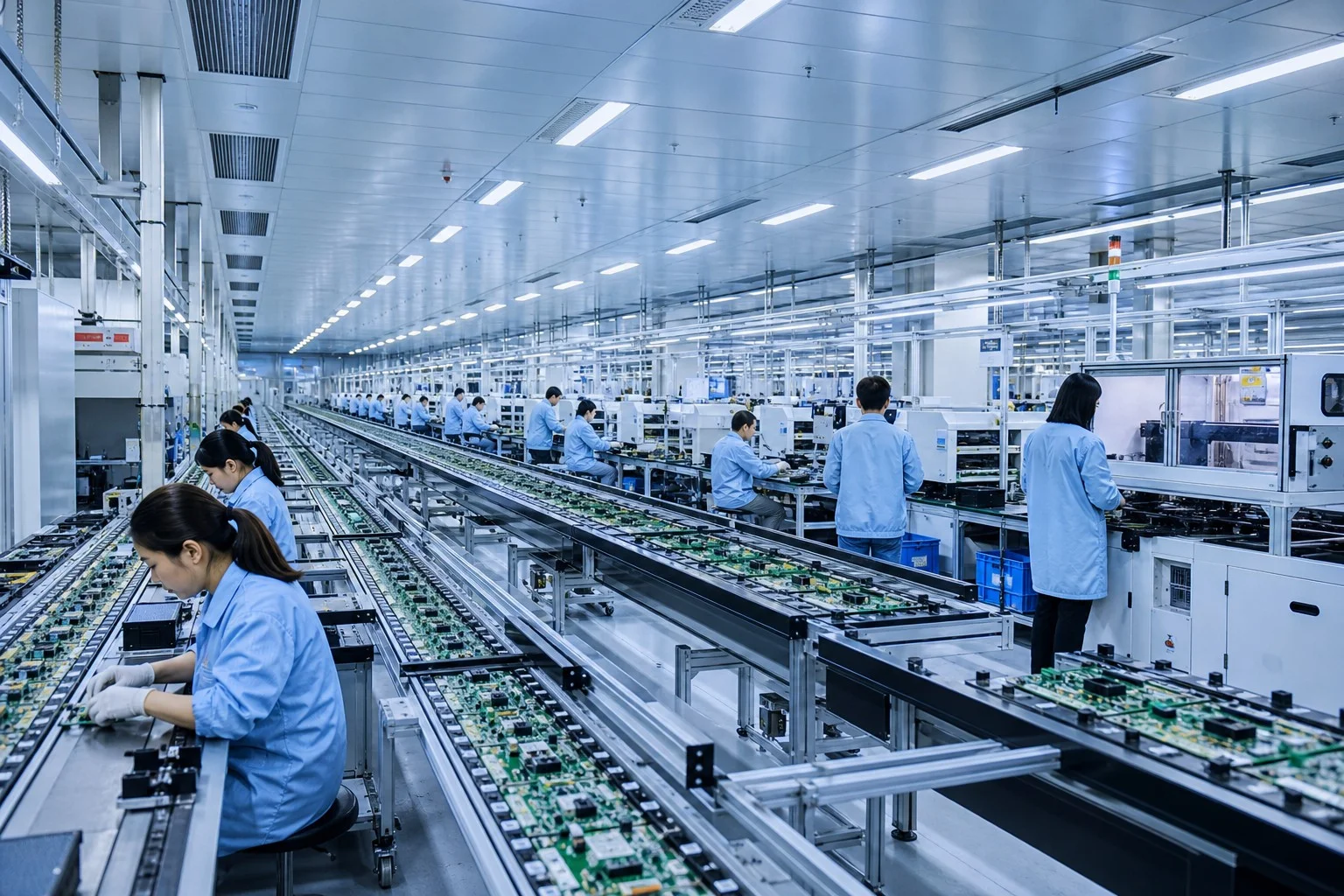 High-volume manufacturing hall running the same product at scale