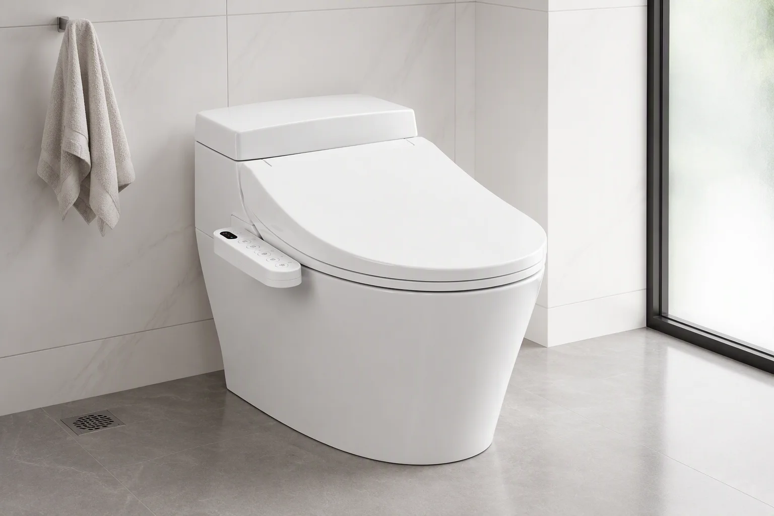 White one-piece smart toilet with side control panel installed in a bright modern bathroom